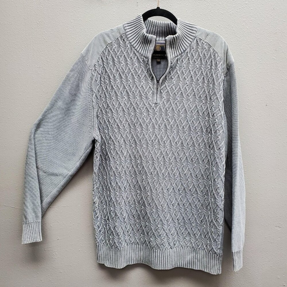 FX Fusion Sweater Mens 2XL Gray Half Zip Pullover Cable Knit Elbow Patch Casual